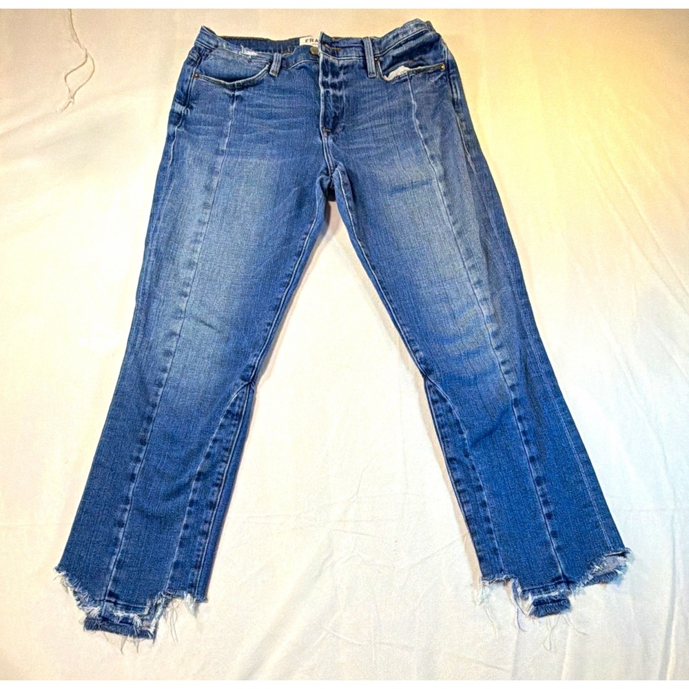 FRAME Nouveau Le Mix Denim Jeans Women 29 Blue Distressed Raw Hem LHSTM838